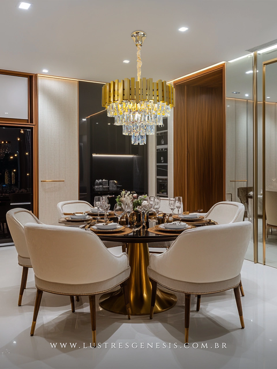 Sala de jantar sofisticada com lustre dourado com cristal e mesa elegantemente posta.