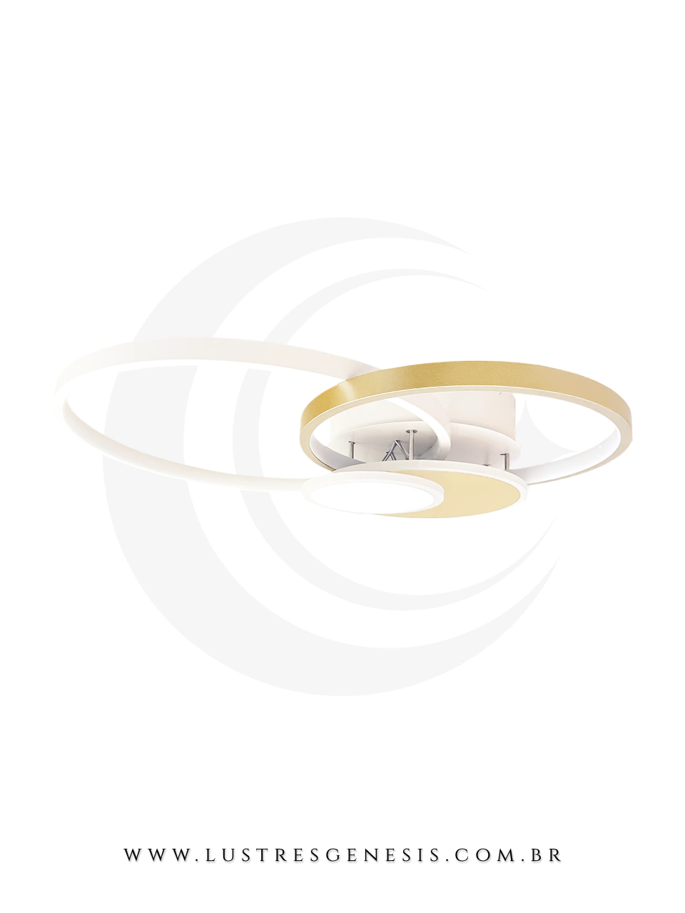 Plafon moderno de LED com design orgânico em anéis sobrepostos, acabamento branco e dourado, ideal para sala de estar, jantar ou ambientes contemporâneos, oferecendo iluminação uniforme, eficiente e sofisticada para projetos residenciais de alto padrão.