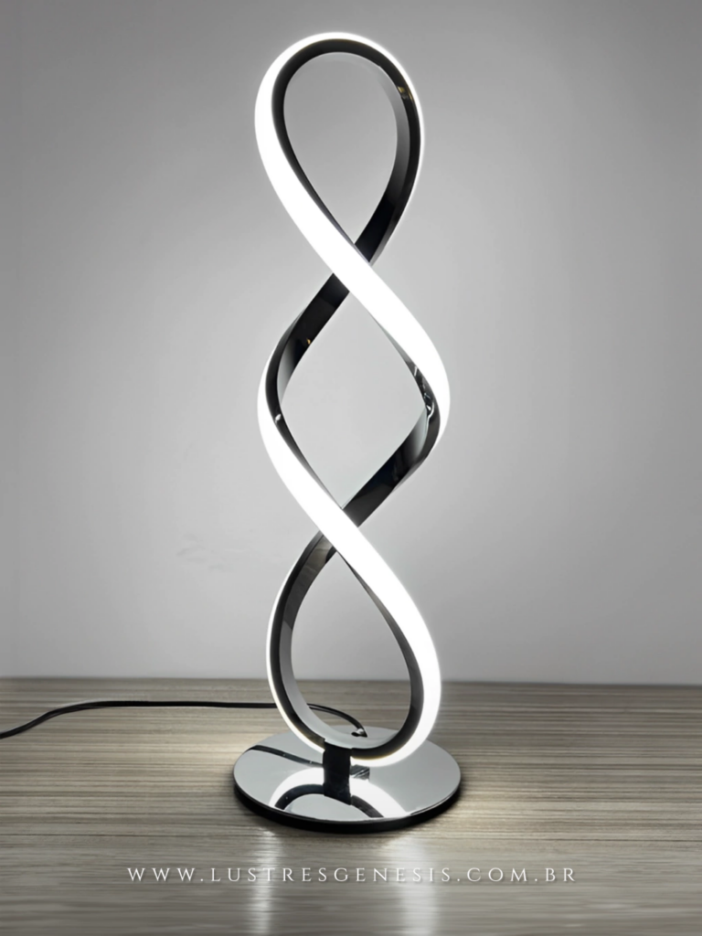 Luminária de mesa moderna com design inovador e curvo e iluminação LED.