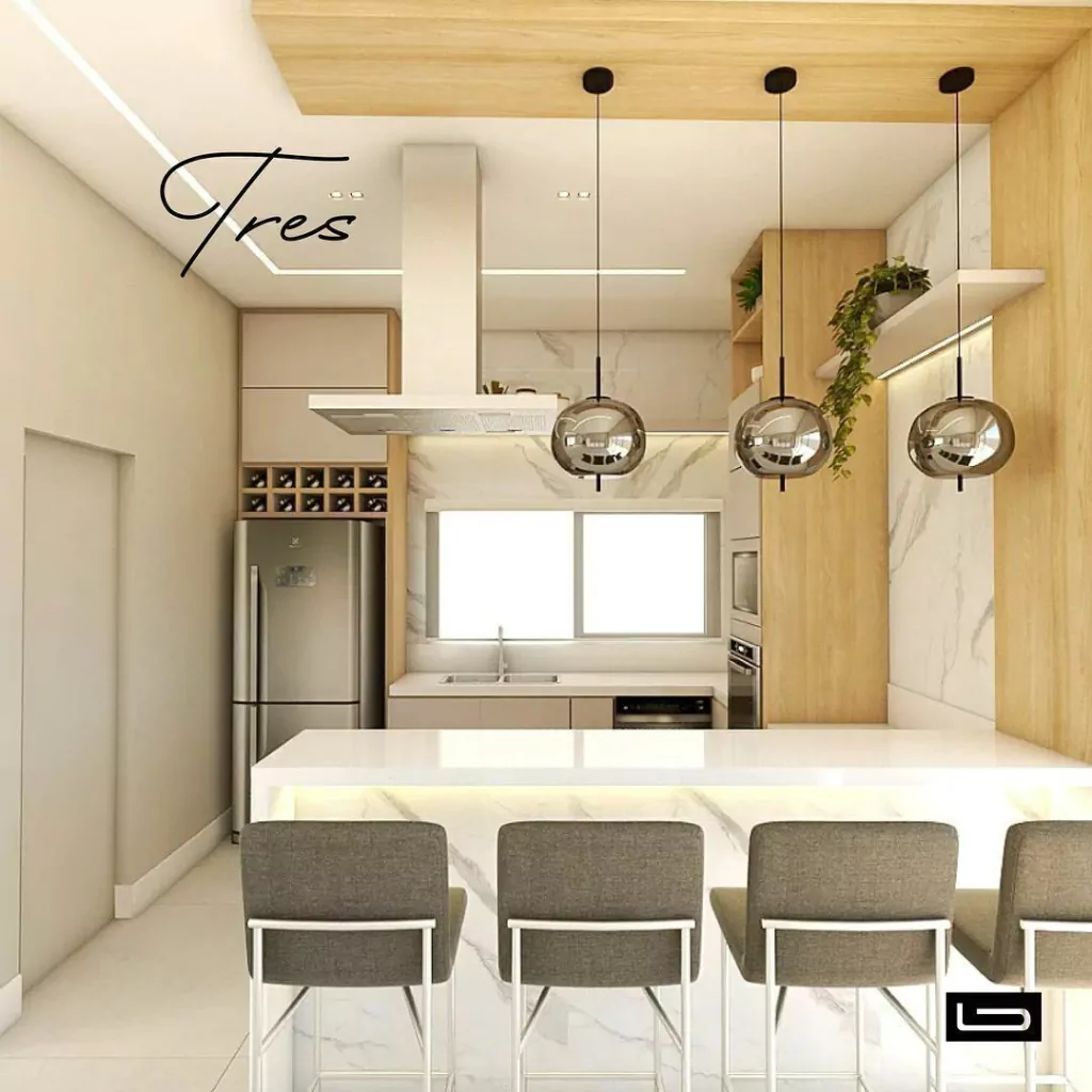 Lustre para cozinha bancada espelhado em um ambiente com decoração moderna.
