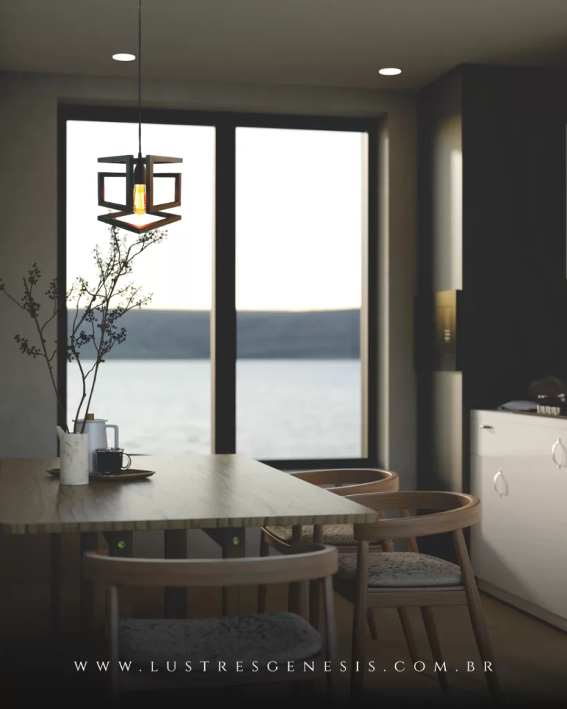 Lustre pendente geométrico em sala com vista para o lago.