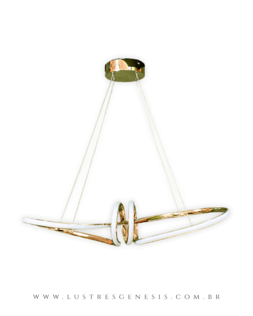 Lustre moderno em LED com design curvo em dourado e detalhes iluminados.
