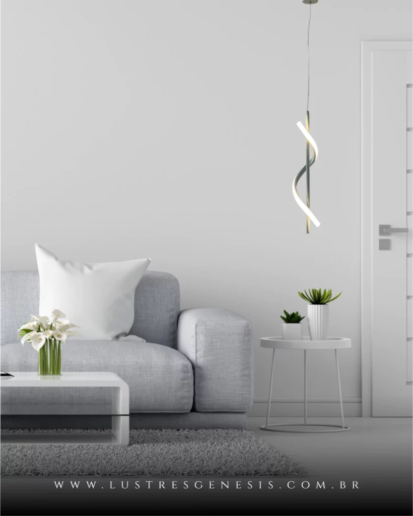 Sala moderna com luminária pendente minimalista com design espiral.