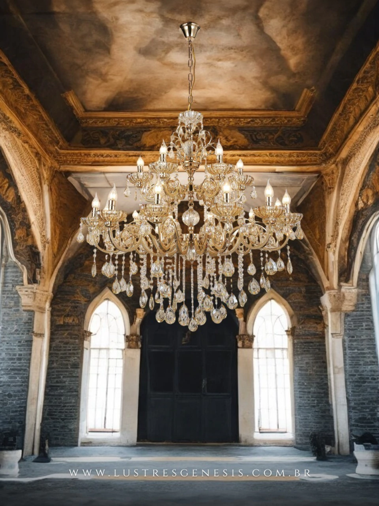 Lustre clássico de cristal ilumina salão com arquitetura antiga.