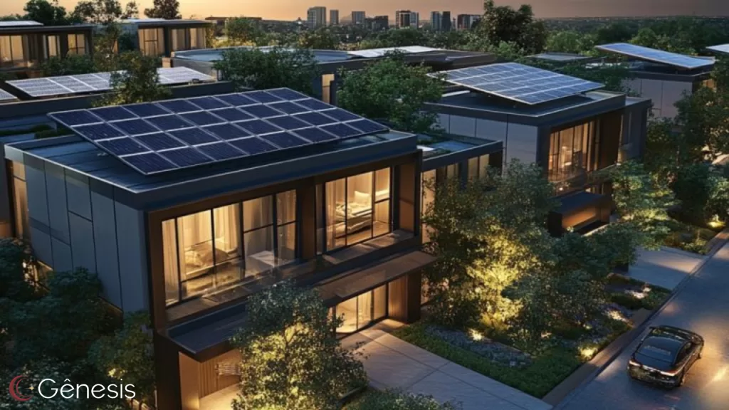Condomínio moderno com casas de arquitetura contemporânea equipadas com painéis solares no telhado e iluminação externa estratégica em LED, destacando jardins, fachadas e áreas comuns com eficiência energética e sofisticação.