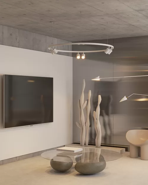 Lustre moderno circular em metal com spots direcionáveis instalado em sala de estar contemporânea, com iluminação quente e design minimalista, ideal para projetos de iluminação residencial sofisticados.