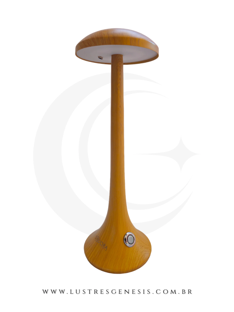 Luminária de mesa moderna com acabamento amadeirado e design minimalista, base arredondada com botão touch e iluminação LED embutida, ideal para escritório, quarto ou decoração contemporânea com toque sofisticado.