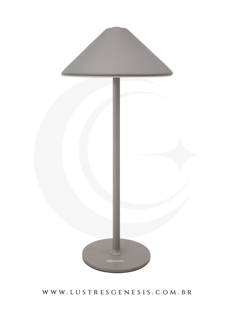 Luminária de mesa moderna com cúpula cônica e estrutura em metal na cor cinza, design minimalista e elegante, ideal para quarto, sala ou escritório, proporcionando iluminação decorativa sofisticada para ambientes contemporâneos.