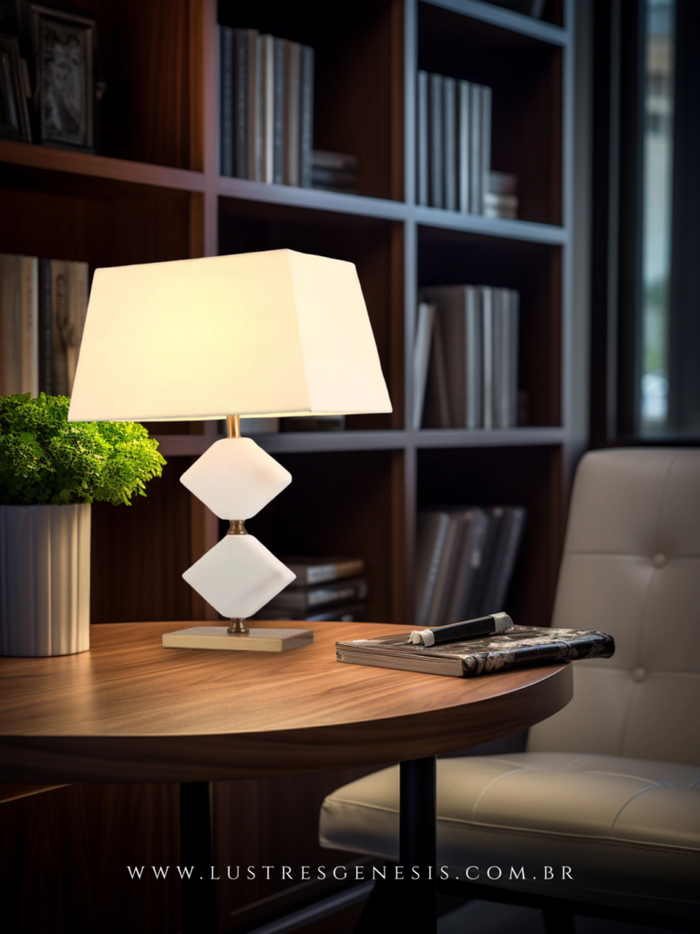 Luminária de mesa sofisticada com cúpula branca e base geométrica.