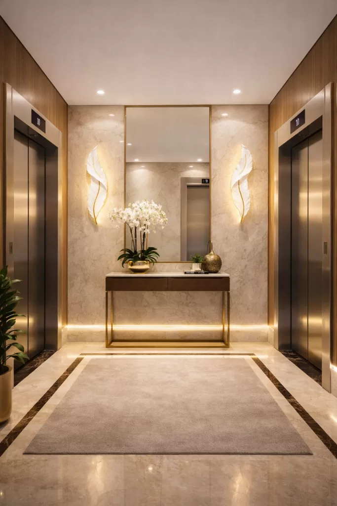 Hall de elevador sofisticado com duas portas em aço escovado, paredes em mármore claro e painel em madeira ripada. Duas arandelas em formato de pena branca com detalhe dourado iluminam suavemente as laterais do espelho central, criando um efeito acolhedor. A iluminação quente embutida no teto e no rodapé destaca o aparador com tampo em mármore, vaso decorativo e orquídea branca, compondo um ambiente elegante e harmonioso.