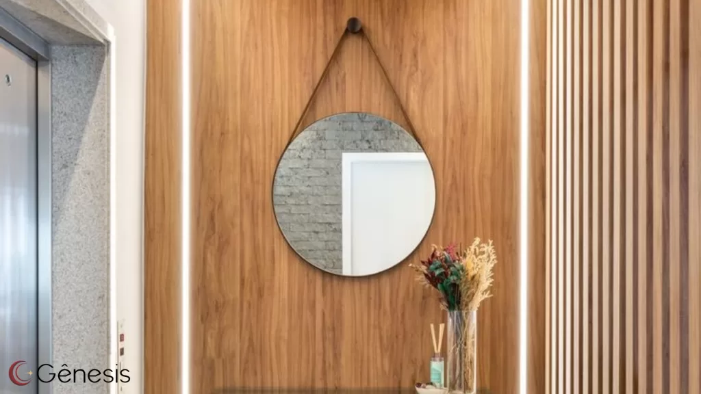 Hall de elevador moderno com painel ripado em madeira, espelho redondo decorativo e iluminação em LED embutida nas laterais, criando um ambiente elegante, sofisticado e bem iluminado para áreas comuns de condomínios.