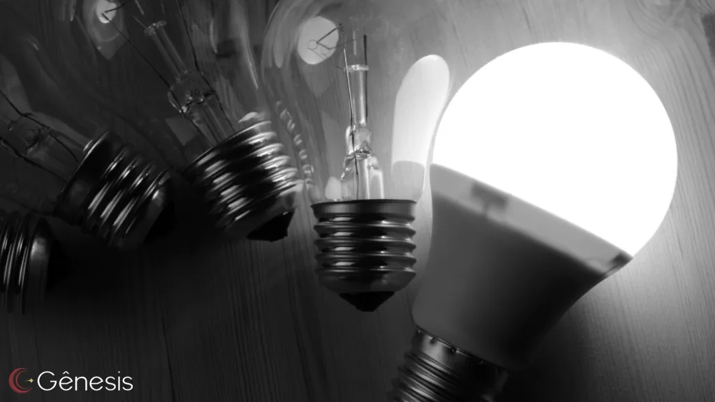 Comparação entre lâmpada LED acesa e lâmpadas incandescentes antigas, destacando eficiência energética, economia de energia e diferença de consumo em watts na iluminação residencial.