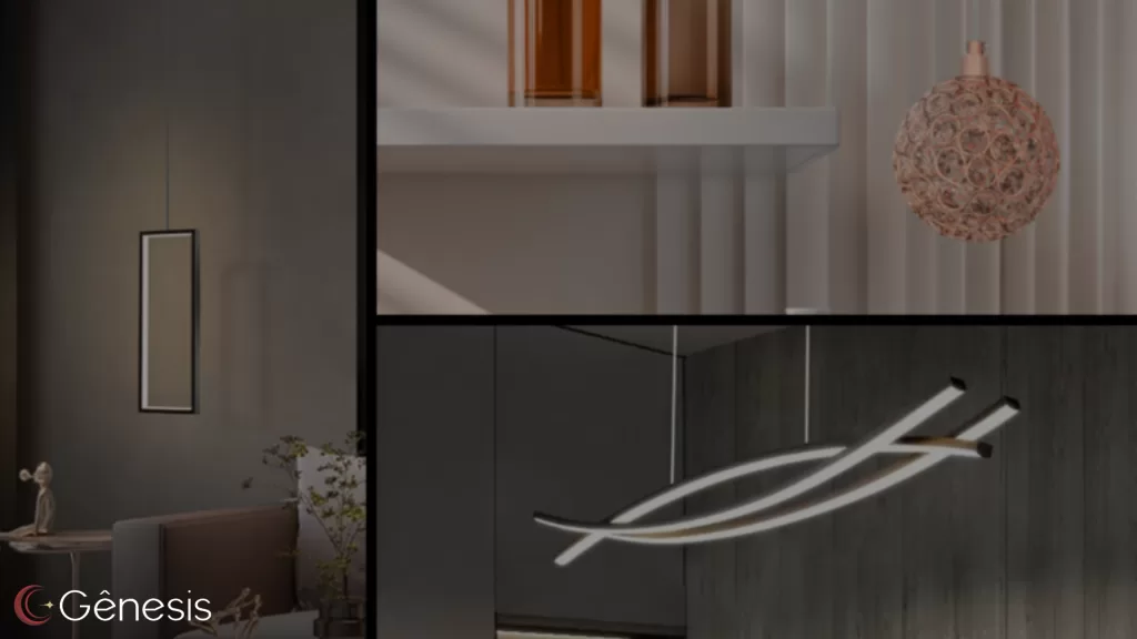 Luminárias modernas e minimalistas para sala e quarto, incluindo arandela vertical de LED, pendente decorativo esférico e luminária linear contemporânea, ideais para projetos de iluminação sofisticados e design de interiores elegante.