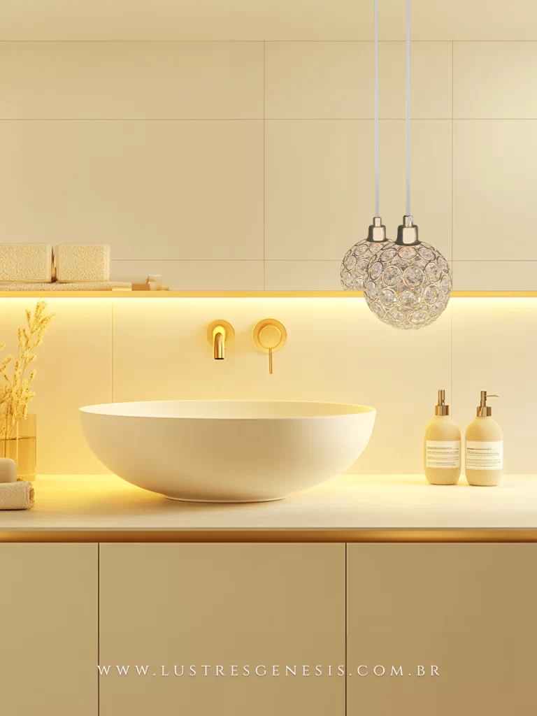 Banheiro sofisticado com iluminação quente e pendentes de cristal.