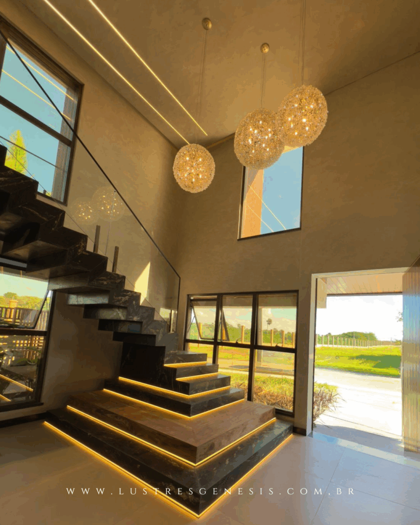 Lustre Pendente Ninho Dente de leão em um pé direito alto com uma escada sofisticada.