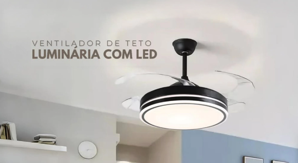 Ventilador de teto moderno com luminária LED integrada.