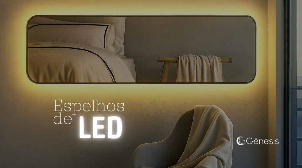 Espelho retangular com LED âmbar em ambiente sofisticado.