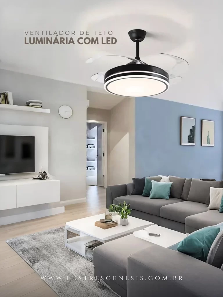 Ventilador de teto moderno com luminária LED integrada em uma sala moderna.
