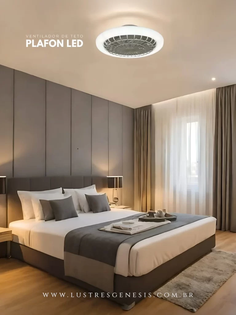 Ventilador de teto com design compacto e plafon LED embutido.