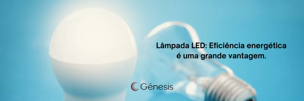 Lâmpada LED em destaque com fundo azul claro com texto ressaltando a eficiência energética e sustentável da lâmpada led.