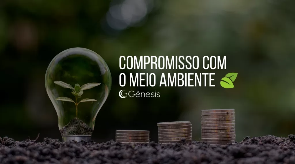 broto dentro de uma lâmpada e ao lado uma mensagem escrito "compromisso com o meio ambiente"
