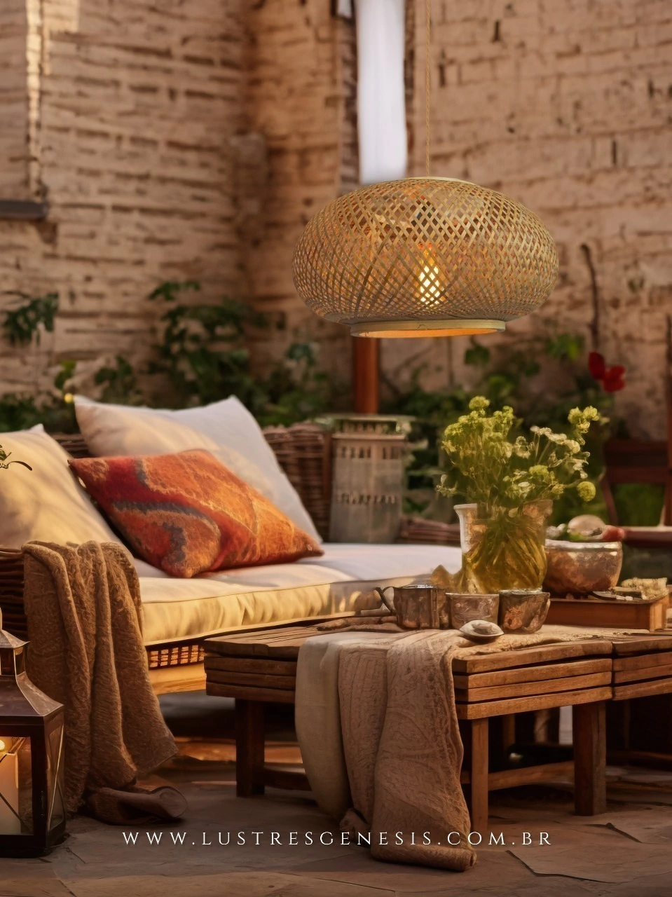 Pendente de fibra natural em um ambiente decorado com elementos naturais.