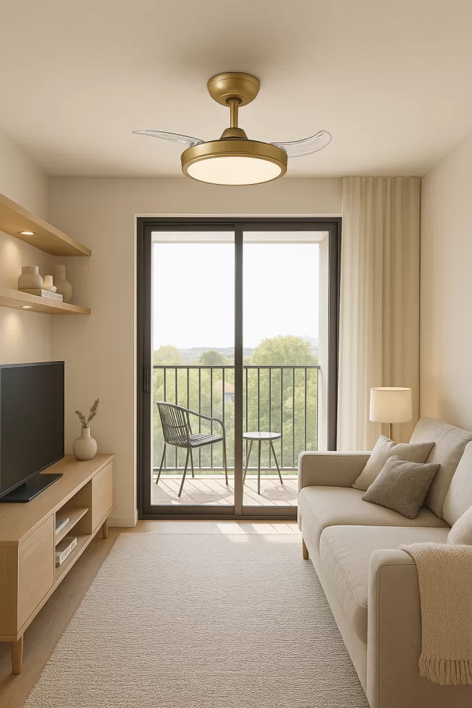 Sala pequena decorada com tons claros, com iluminação natural potencializada por ventilador de teto com luminária.