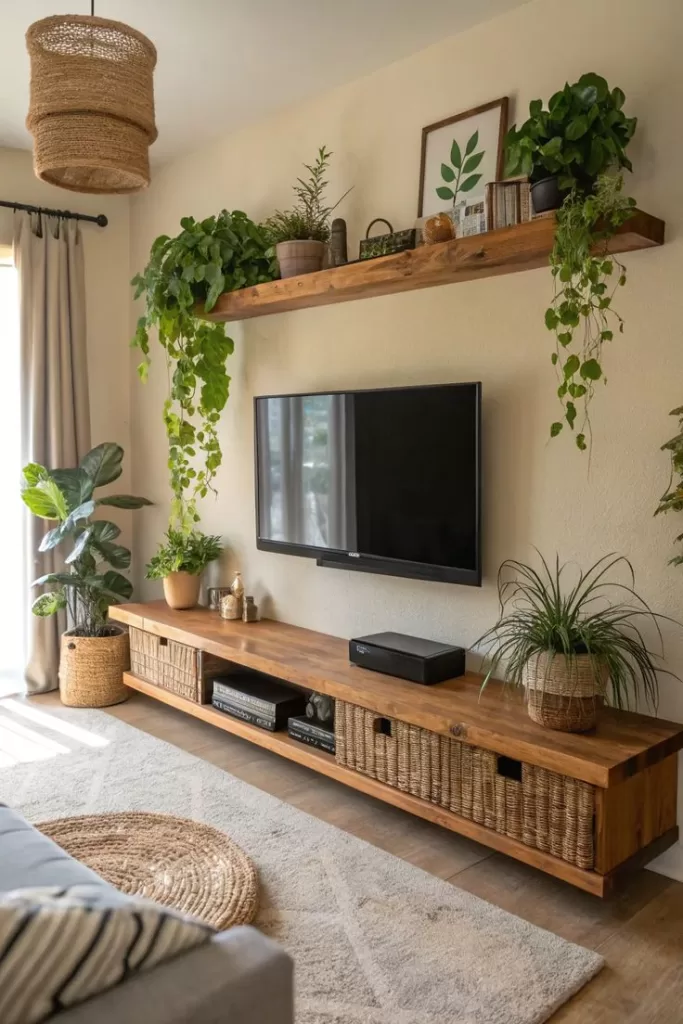 Sala pequena com com iluminação natural e decoração com elementos naturais