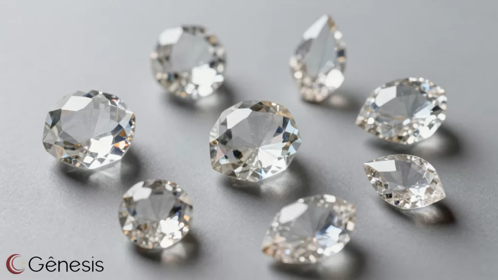 Cristais lapidados transparentes apoiados sobre superfície cinza clara em estúdio fotográfico, dispostos de forma espaçada e irregular, com cortes facetados que refletem a luz e destacam brilho e pureza, ideais para aplicação em lustres decorativos.