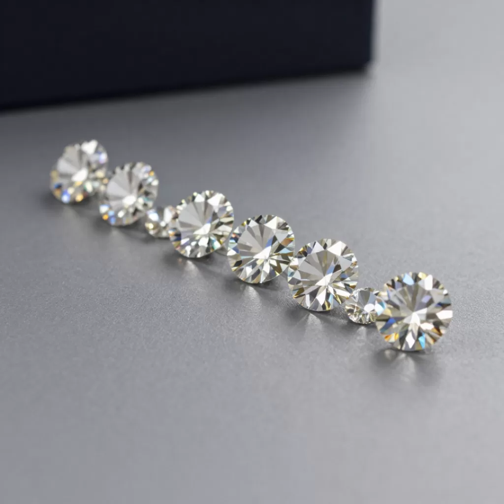 Cristais lapidados redondos alinhados sobre uma superfície cinza fosca em estúdio fotográfico, dispostos em sequência com tamanhos variados, refletindo a luz de forma uniforme e destacando brilho, simetria e precisão no corte, ideais para composição de lustres decorativos.