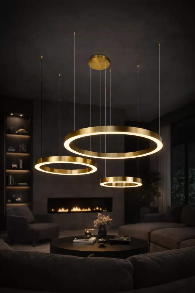Lustre moderno de LED com três anéis dourados suspensos em diferentes alturas, iluminando uma sala contemporânea com decoração elegante em tons de cinza escuro e iluminação aconchegante.