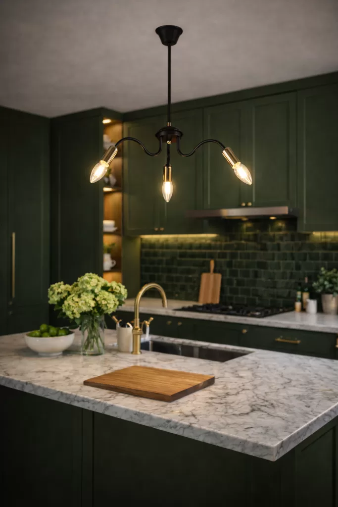 Pendente de teto com três braços em metal preto e detalhes em dourado, com lâmpadas em formato vela, instalado diretamente no teto, destacando o design elegante, a simetria e o acabamento sofisticado da peça.