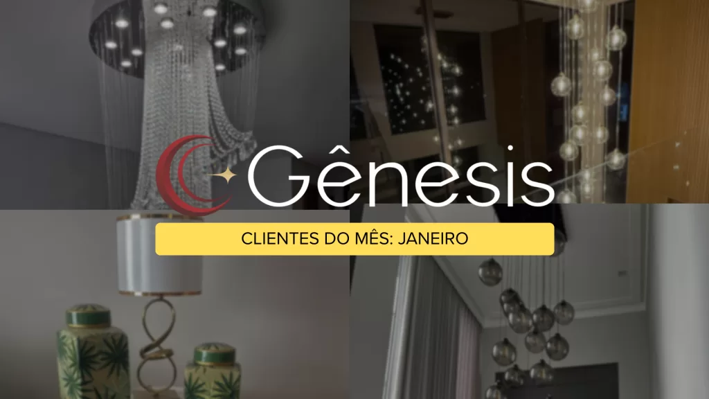 Banner institucional da Lustres Gênesis com lustres de cristal, pendentes modernos e destaque Clientes do Mês Janeiro.