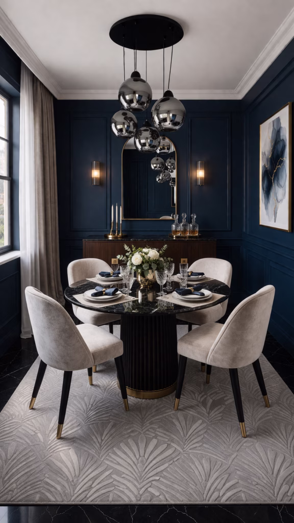 Lustre Sarvah 5 globos da Lustres Gênesis instalado em pequena sala de jantar estilo neo déco, com mesa redonda marmorizada, cadeiras de veludo branco e iluminação sofisticada em ambiente elegante.
