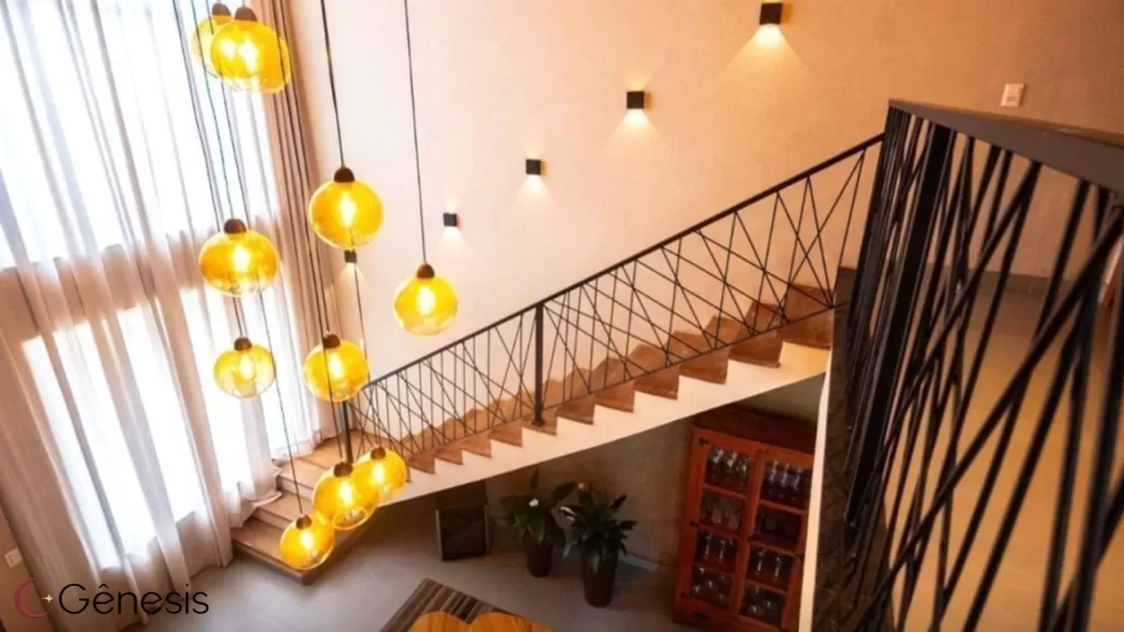 Pendente com globos de vidro âmbar suspensos em diferentes alturas, ideal para escadas e ambientes com pé-direito duplo, proporcionando iluminação aconchegante e decorativa.