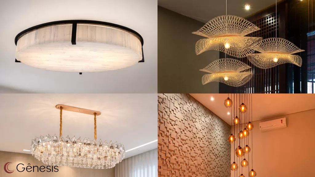 Seleção de luminárias que unem design contemporâneo e personalidade: plafon redondo com acabamento natural e detalhe preto, pendentes orgânicos em trama vazada com efeito escultural, lustre sofisticado com cristais e estrutura dourada, e conjunto de pendentes com globos âmbar, ideais para compor ambientes modernos com elegância e aconchego.