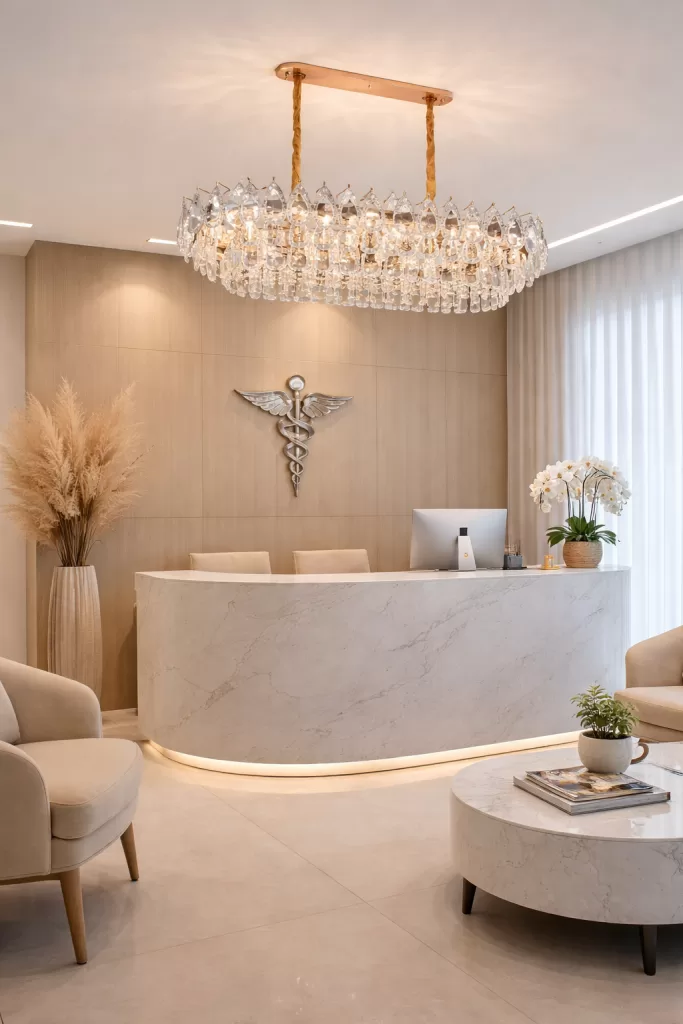 Lustre contemporâneo com estrutura retangular dourada e cristais lapidados pendentes, ideal para recepções e ambientes sofisticados, proporcionando iluminação elegante e imponente.