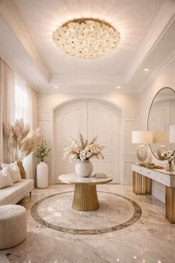 Plafon redondo de vidro Splendor Ø50x24cm com 7 lâmpadas E-14, acabamento sofisticado em flores de vidro, ideal para quartos, sala de estar, corredor, hall e escritório.