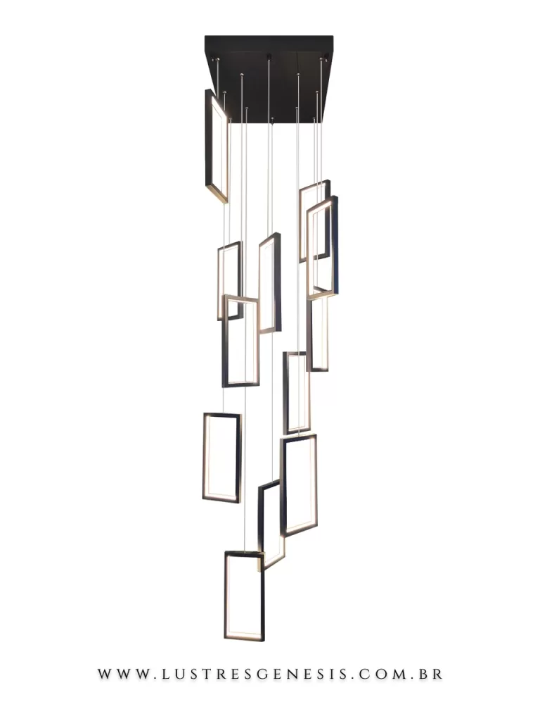 Pendente moderno com módulos retangulares em LED suspensos em diferentes alturas, ideal para escadas e ambientes com pé-direito alto.