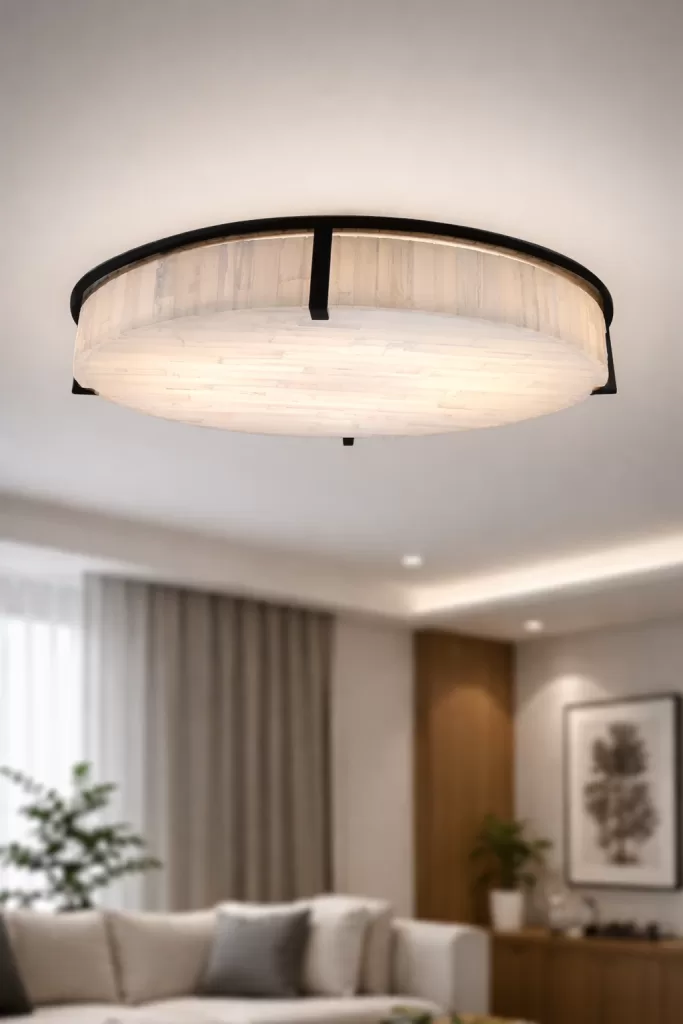 Plafon redondo de sobrepor com difusor em tom natural e detalhes em acabamento preto feito com pedra selenita, ideal para salas e ambientes com decoração contemporânea, proporcionando iluminação uniforme e aconchegante.