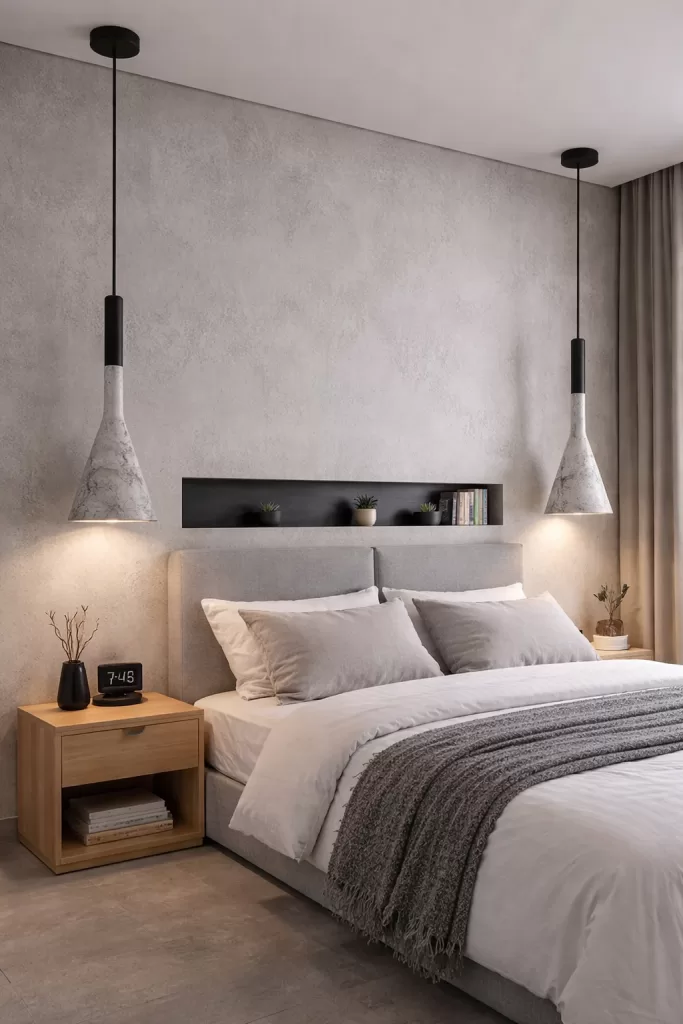 Pendente moderno com cúpula em formato cônico marmorizado e detalhe superior em preto, ideal para iluminação lateral de quartos, proporcionando luz direcionada e aconchegante.