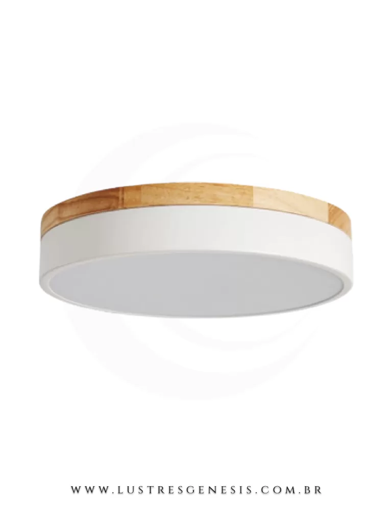 Plafon de madeira branco com LED integrado, modelo Mint de 30cm de diâmetro da Nitrolux, ideal para quartos, sala de estar e escritório.