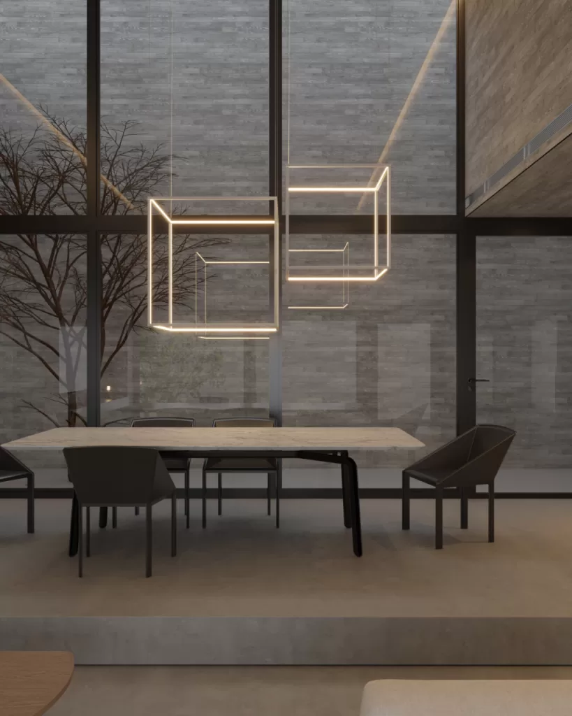 Lustre Pendente Moderno Risk Cubo em sala de jantar elegante e contemporânea Lustres Gênesis Site online venda de Lustres e Iluminação