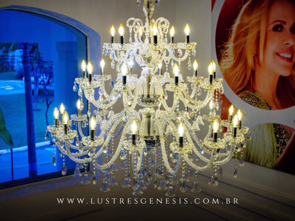 Lustre de cristal clássico Napoli com 32 braços e cristais transparentes, ideal para casas com pé direito duplo ou alto, iluminando o ambiente com elegância.