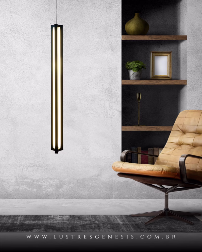 Pendente Torre de LED Moderna Fit Linear Slim Preto em ambiente sofisticado. Lustres Gênesis loja online de Lustres e Iluminação Decorativa