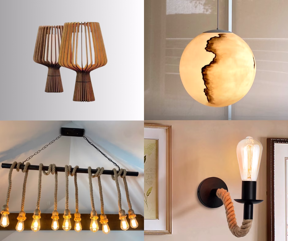 Grade contendo quatro luminárias diferentes. A primeira é um abajur de mateira entrecortada. A segunda é um lustre pendente que imita a lua. A terceira é um lustre pendente com lâmpadas amarradas por cordas a um bastão lado a lado. A última é uma arandela que imita uma corda saindo da parede e a conectando a uma lâmpada.