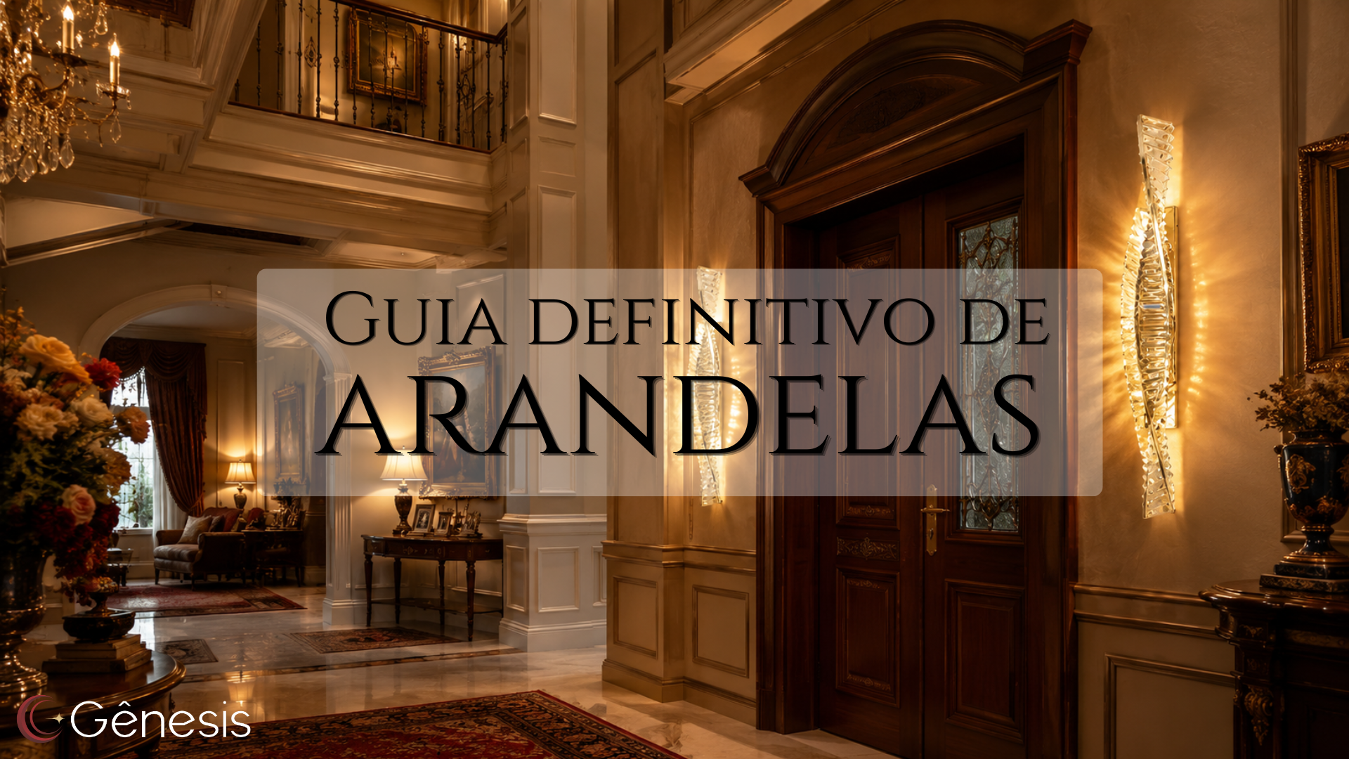 Banner da Lustres Gênesis sobre arandelas, exibindo ambiente clássico e sofisticado com iluminação decorativa em paredes, acompanhado do texto “Guia Definitivo de Arandelas”, destacando aplicação elegante de luminárias de parede em interiores luxuosos.