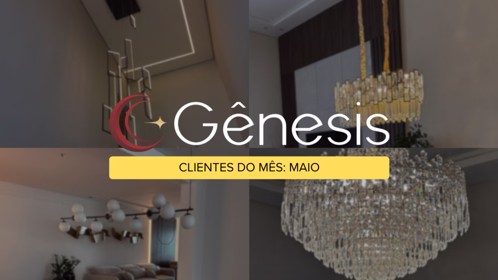 Banner da Lustres Gênesis com lustres modernos em ambientes sofisticados, destaque para clientes do mês de maio e projetos de iluminação residencial de alto padrão.
