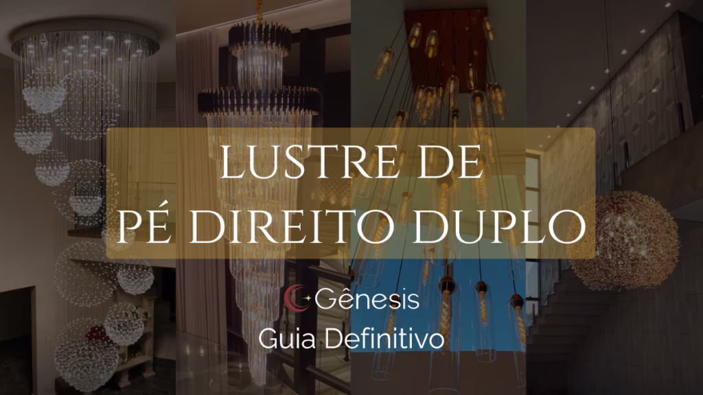 Banner sobre lustres para pé direito duplo da Lustres Gênesis, apresentando diferentes modelos de lustres modernos e sofisticados instalados em ambientes amplos com escadas e salas de alto padrão, incluindo peças de cristal, tubos suspensos e designs contemporâneos; ao centro, texto “Lustre de Pé Direito Duplo – Guia Definitivo”.