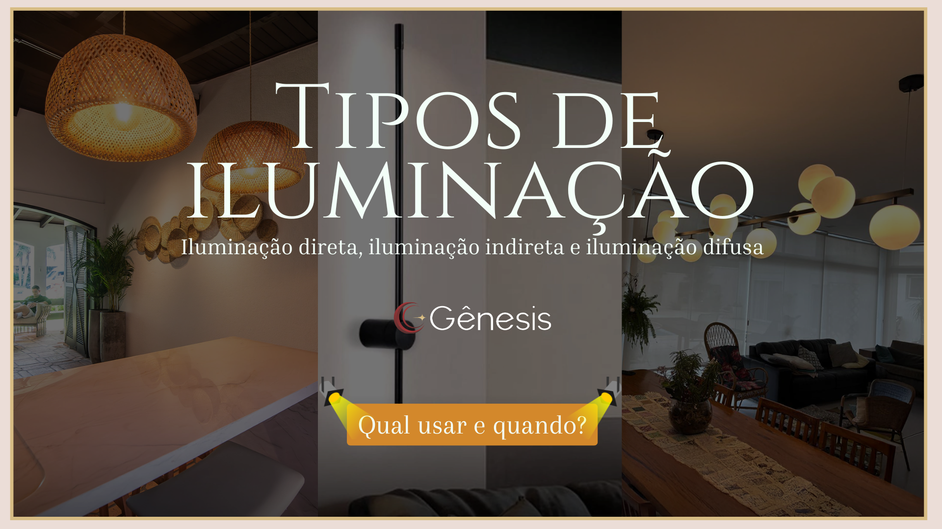 Banner da Lustres Gênesis sobre tipos de iluminação, apresentando ambientes com luminárias decorativas e pendentes modernos, acompanhado do texto “Tipos de Iluminação – iluminação direta, iluminação indireta e iluminação difusa” e destaque para a pergunta “Qual usar e quando?”.
